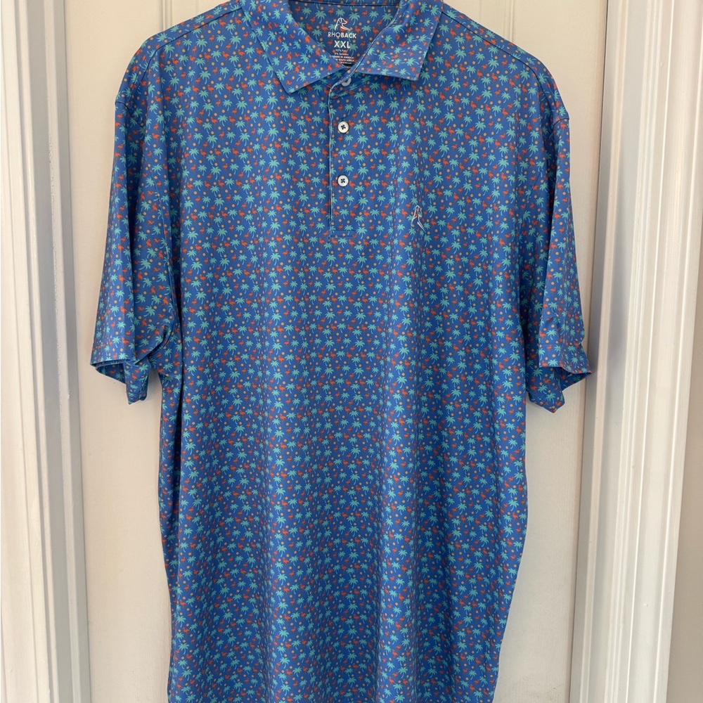 Men’s Rhoback Short Sleeve Performance Polo XXL - “Daytona”, flamingos & palms🦩🌴